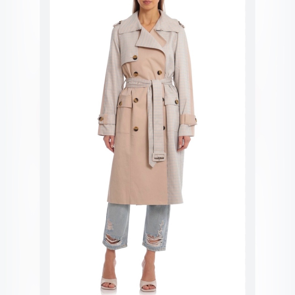 Avec Les Filles trench rain plus tan blue long jacket coat colorblock s small